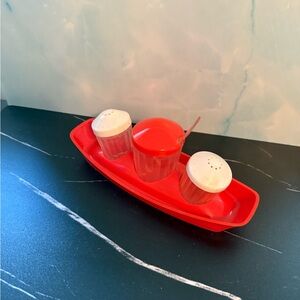 Red Condiment Set with White Lids